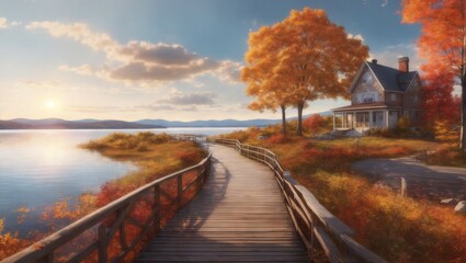 illustration of autumn scenery, , Detailed  Burlington Vermont, with detailed realistic boardwalk,...