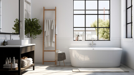 Fototapeta na wymiar a bathroom with a white tile wall and a tile floor and a white bathtub