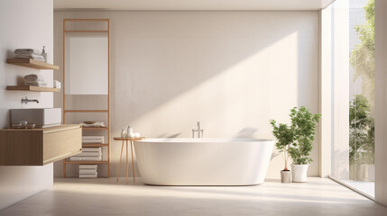 Fototapeta na wymiar a bathroom with a white tile wall and a tile floor and a white bathtub