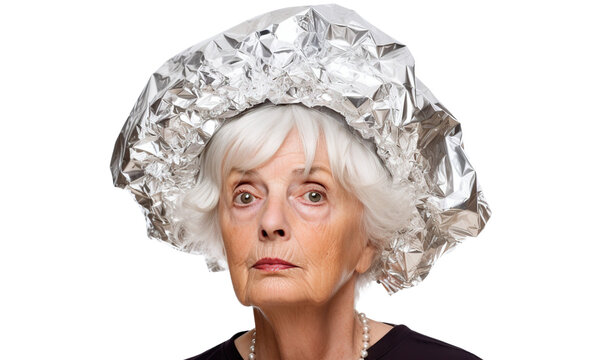 Senior woman in tin foil hat, cut out