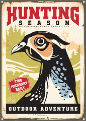 Pheasant hunting season vintage sign template. Wild birds and animals retro poster design. Vector illustration. - obrazy, fototapety, plakaty