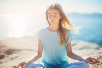 Fototapeta na wymiar Coastal serenity: a young woman meditates on a seashore rock, practicing mindfulness and focused breathing for mental well-being—a breathwork concept embracing nature's calming influence