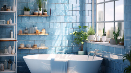 a bathroom with a blue tile wall and a tile floor and a white sink and a white bathtub - obrazy, fototapety, plakaty