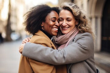 Multicultural Women Embracing in Supportive Gesture for International Women's Day