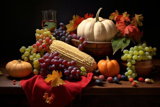 Harvest Bounty: A Colorful Still Life of Grapes, Corn, and Pumpkins