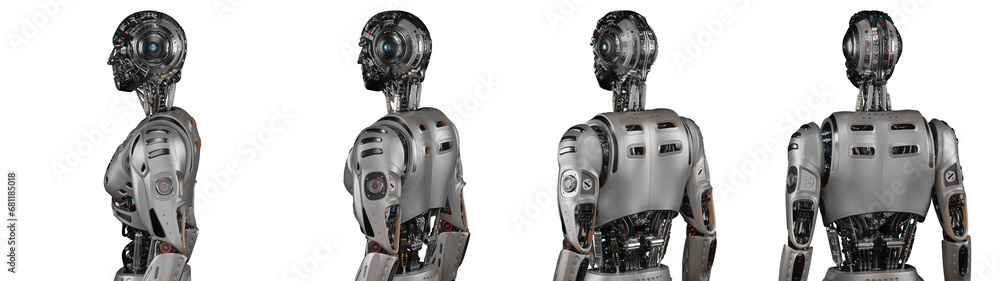 Poster futuristic robot man or very detailed humanoid cyborg. collage or set of four different angles of th