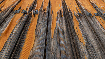 Brown and orange wood with stripped paint to restore - obrazy, fototapety, plakaty