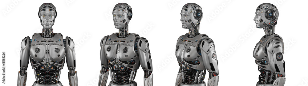Poster futuristic robot man or very detailed humanoid cyborg. collage or set of four different angles of th