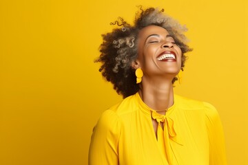 Beautiful senior black woman model woman with grey afro hair laughing and smiling. Aged woman close up portrait. Healthy face skin care beauty, skincare cosmetics, dental. - obrazy, fototapety, plakaty