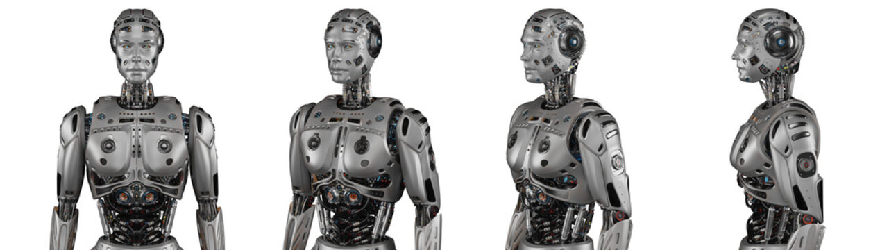 Futuristic robot man or very detailed humanoid cyborg. Collage or set of four different angles of the upper body. Isolated on transparent background. 3d rendering