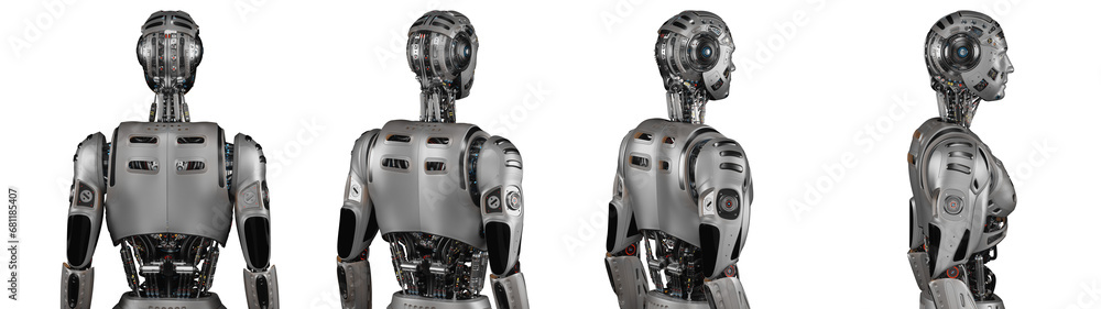 Poster futuristic robot man or very detailed humanoid cyborg. collage or set of four different angles of th