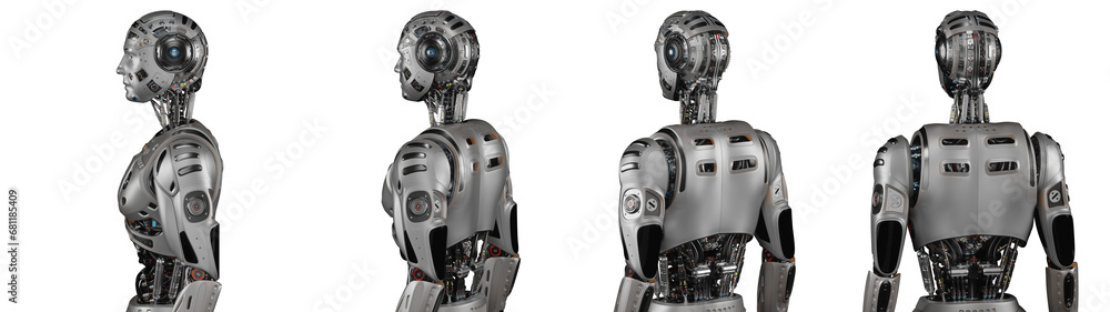 Poster futuristic robot man or very detailed humanoid cyborg. collage or set of four different angles of th