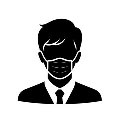 Man in mask icon. Black silhouette of person with medical mask covering the nose and mouth. Vector illustration.