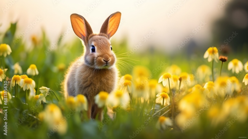 Wall mural cute rabbit in the grass field on a spring day, copy space, 16:9 - Wall murals