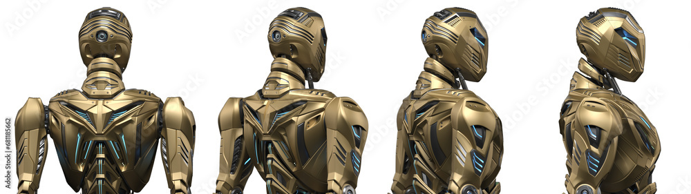 Poster futuristic alien robot or very detailed humanoid cyborg. collage or set of four different angles of 