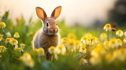 Cercles muraux Prairie, marais cute rabbit in the grass field on a spring day, copy space, 16:9