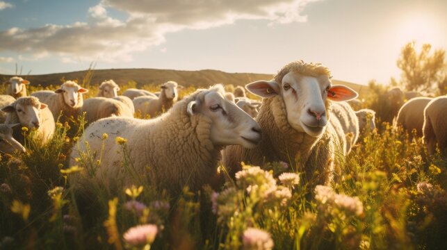 a flock of sheep eating in a grassy meadow, morning sun, golden hour, 16:9