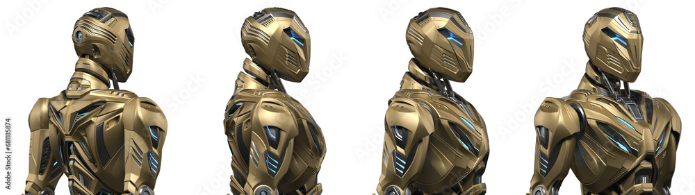 Poster futuristic alien robot or very detailed humanoid cyborg. collage or set of four different angles of 