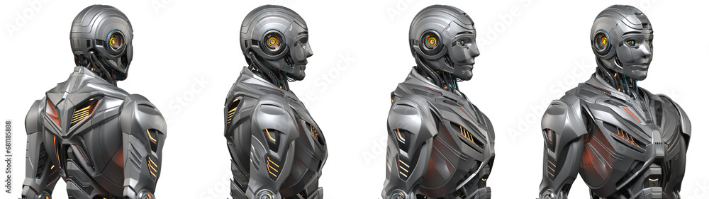Poster futuristic robot man or very detailed humanoid cyborg. collage or set of four different angles of th