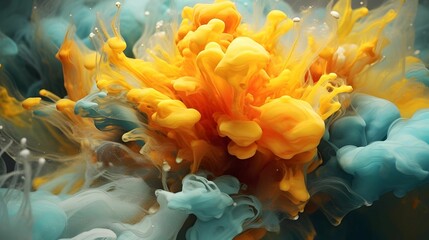 Close-up photograph of a vibrant blend of colorful pigments and inks swirling in a pool of water