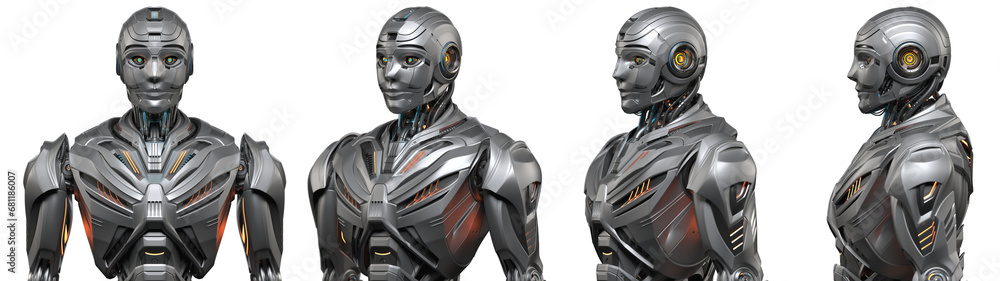 Poster futuristic robot man or very detailed humanoid cyborg. collage or set of four different angles of th