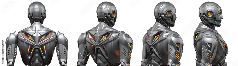 Poster futuristic robot man or very detailed humanoid cyborg. collage or set of four different angles of th