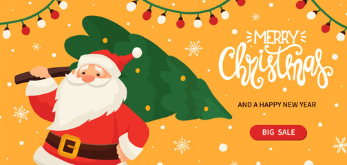 Merry Christmas and happy New Year Santa Claus character with Christmas tree Xmas holiday banner background. Greeting card, web poster template. Christmas vector illustration in flat cartoon style - 681186214