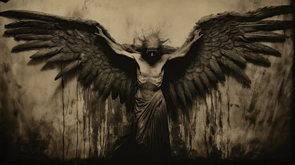 Foto op Plexiglas angel of death with open wings on black background © vitanovski
