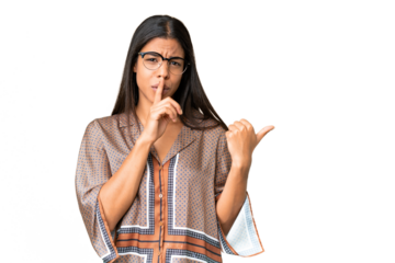 Young African American woman over isolated chroma key background pointing to the side and doing silence gesture