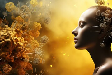 Pollen allergy concept - profile of woman on background
