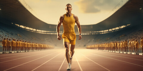 An athlete at the stadium walks between the ranks of athletes