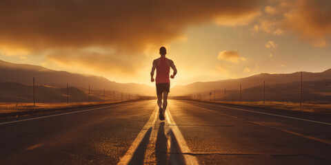 A man runs along the road against the backdrop of a landscape with mountains, clouds and sunrise