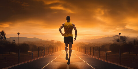 A man runs along a path against the background of nature and sunrise