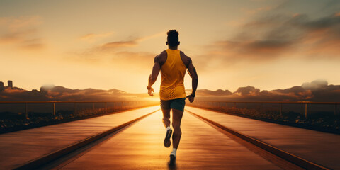 A man runs along the road against the background of the sky and sunrise