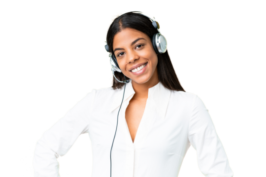 Telemarketer African American woman working with a headset over isolated chroma key background posing with arms at hip and smiling