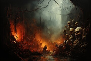 scary zombie - scary scene of hell - obrazy, fototapety, plakaty