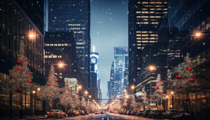 Fototapeta na wymiar A Winter Wonderland: Serene City Street Illuminated by Snowflakes and Gleaming Lights