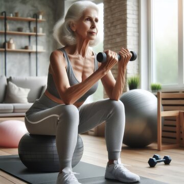 Senior woman exercising with dumbbells in a modern living room at home.
