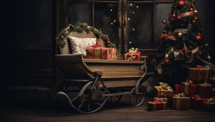 A Joyful Christmas Surprise: Baby Carriage and Presents in Front of a Festive Tree