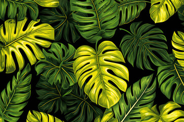 A cohesive and vibrant design depicting a tropical theme with palm leaves and monstera on a contrasting dark backdrop 