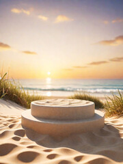 Summer tropical background, Podium on sand beach on sea background, Mock up for the exhibitions,...