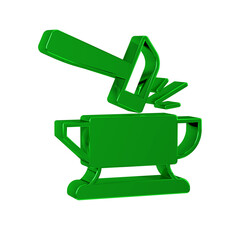 Green Blacksmith anvil tool and hammer icon isolated on transparent background. Metal forging....