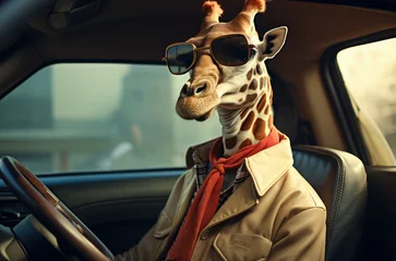 Gardinen An anthropomorphic giraffe in suit and glasses is driving a car © lmot11