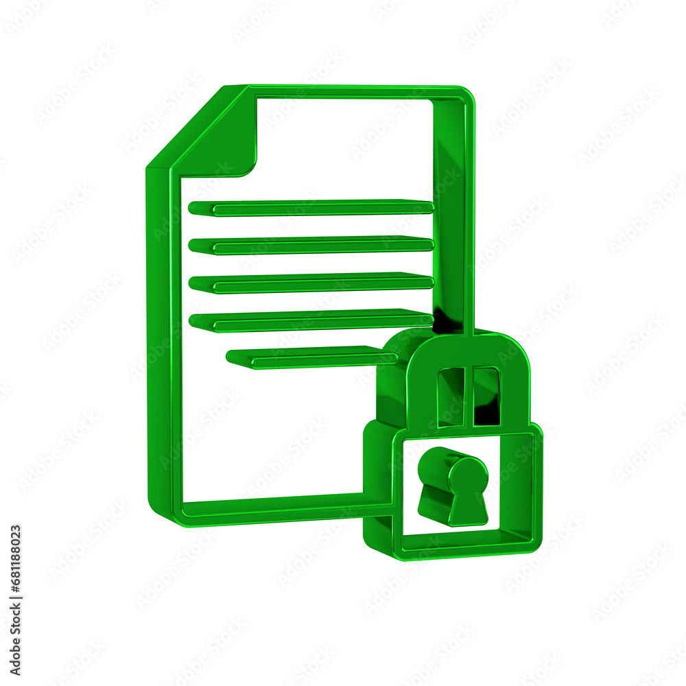 Poster green document and lock icon isolated on transparent background. file format and padlock. security, 