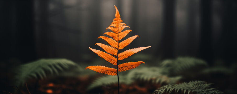 Beautiful background with fall orange fern leaf. Wet green foliage natural floral background. Autumn rainy forest