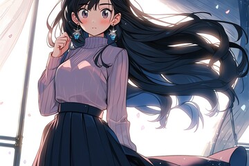 model of a beautiful young girl with long flowing black hair - part of comic
