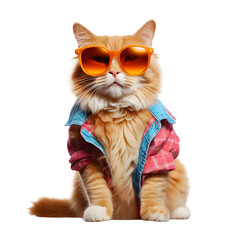 A cat wearing sunglasses and dressing for the upcoming summer on a transparent background PNG - obrazy, fototapety, plakaty