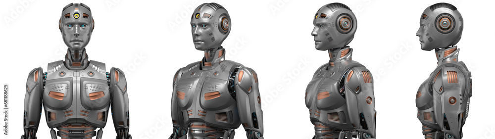 Poster futuristic robot man or very detailed humanoid cyborg. collage or set of four different angles of th