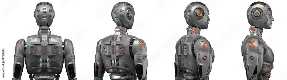 Poster futuristic robot man or very detailed humanoid cyborg. collage or set of four different angles of th