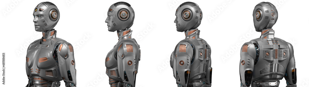 Poster futuristic robot man or very detailed humanoid cyborg. collage or set of four different angles of th